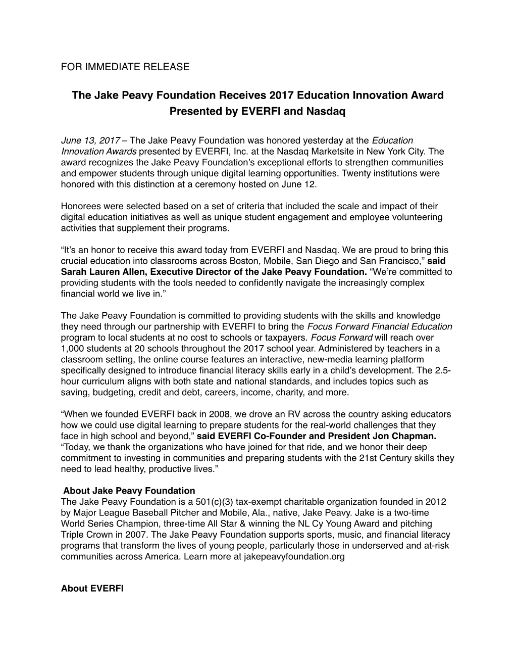 JPF Receives Education Innovation Award 6.13.17