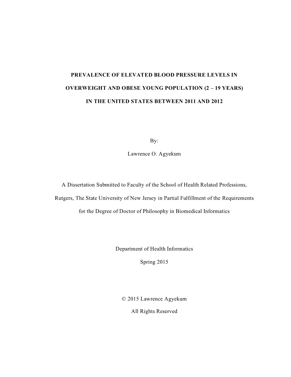 Prevalence of Elevated Blood Pressure Levels In