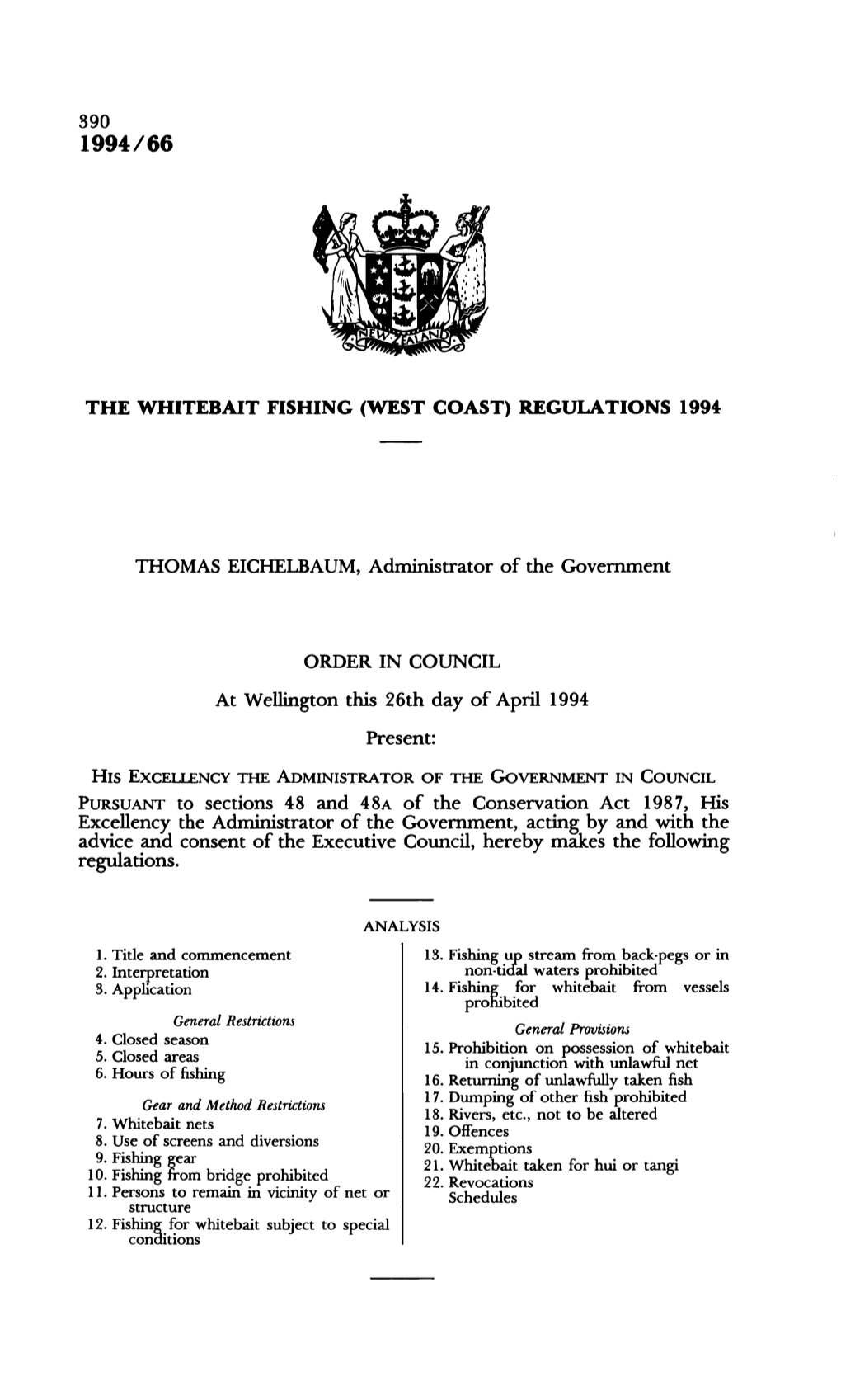 The Whitebait Fishing (West Coast) Regulations 1994