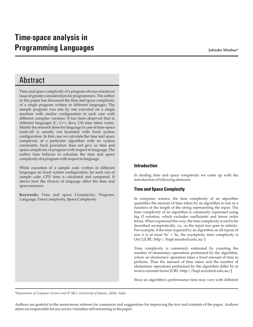Time-Space Analysis in Programming Languages 109