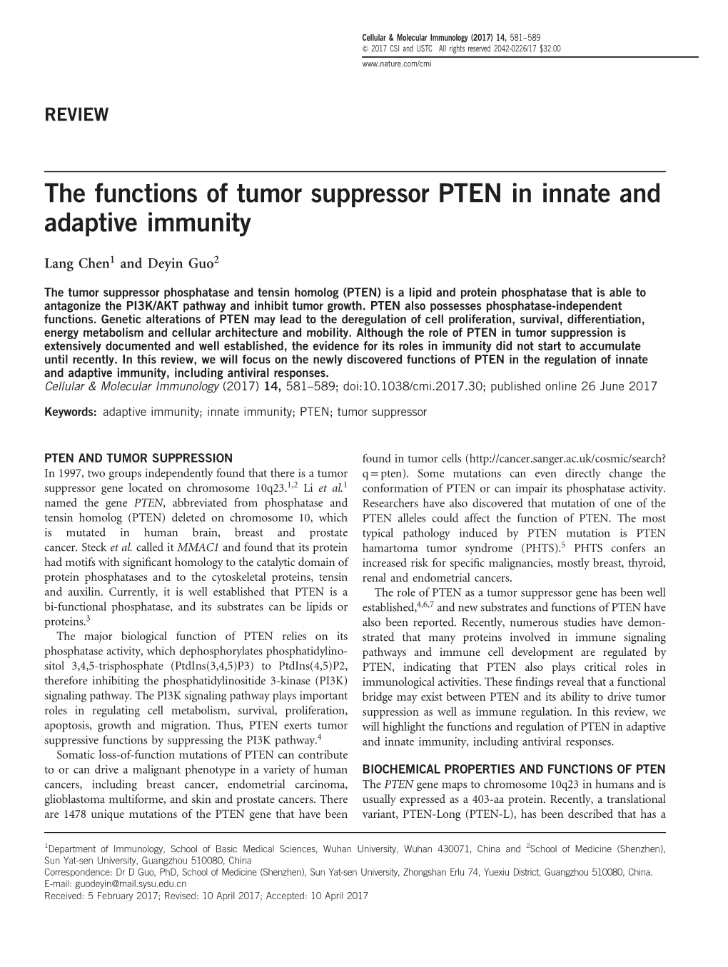 The Functions of Tumor Suppressor PTEN in Innate and Adaptive Immunity