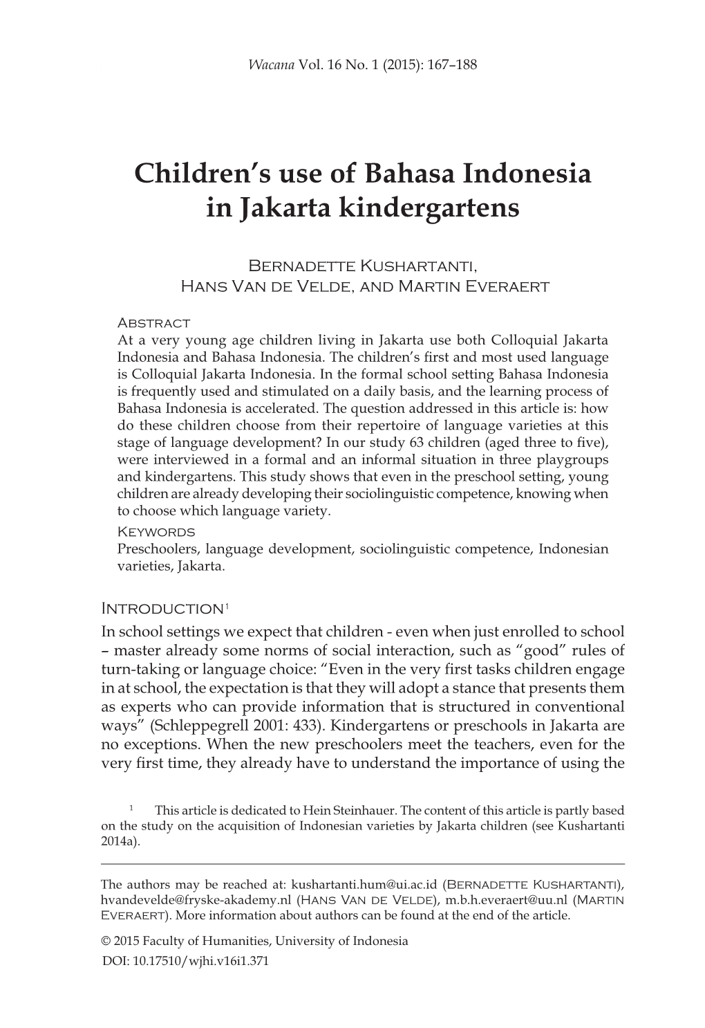 Children's Use of Bahasa Indonesia in Jakarta Kindergartens