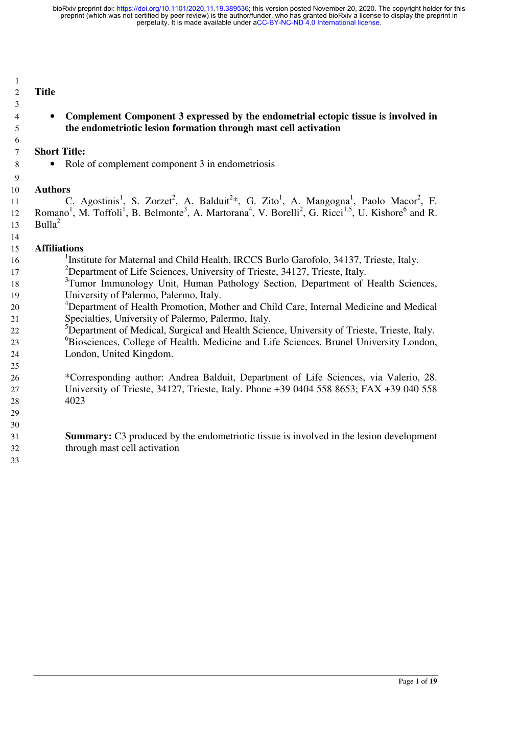 Complement Component 3 Expressed by the Endometrial Ectopic Tissue Is