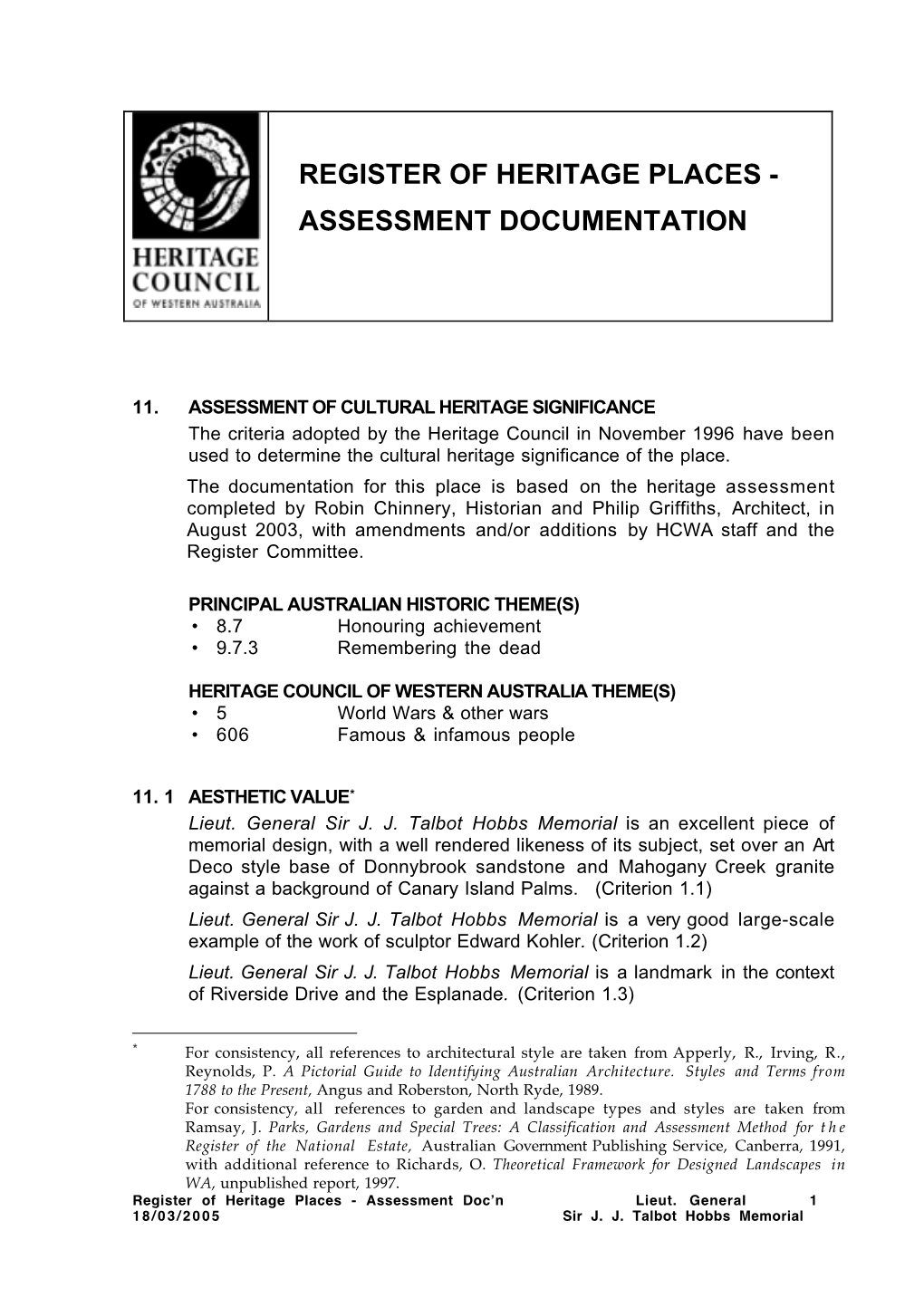 Register of Heritage Places - Assessment Documentation