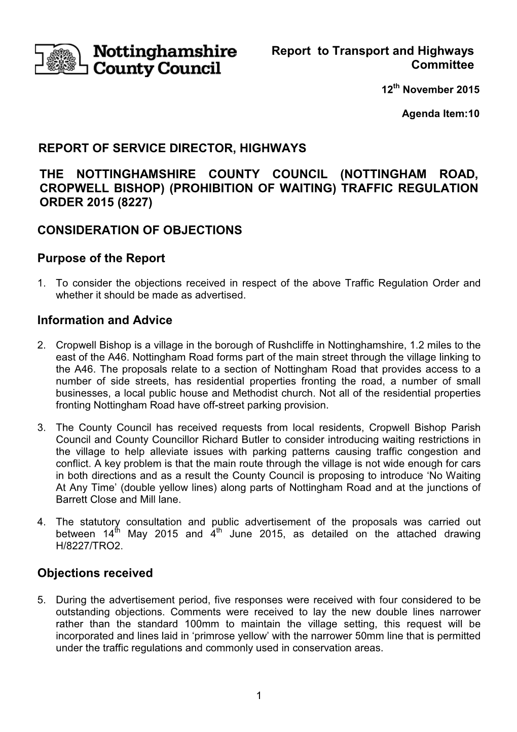 Nottingham Road, Cropwell Bishop) (Prohibition of Waiting) Traffic Regulation Order 2015 (8227)