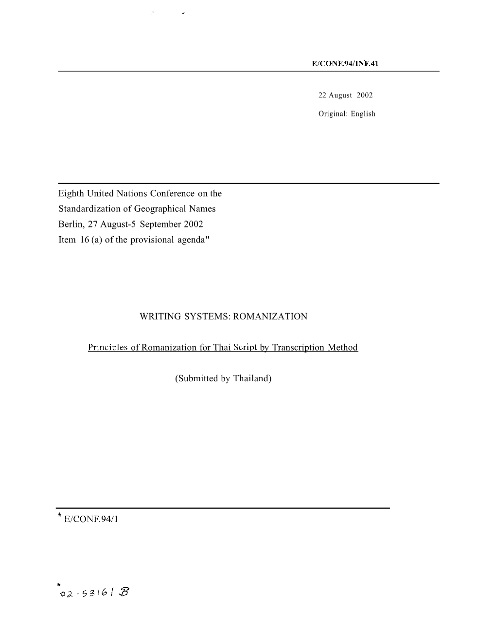 Principles of Romanization for Thai Script by Transcription Method