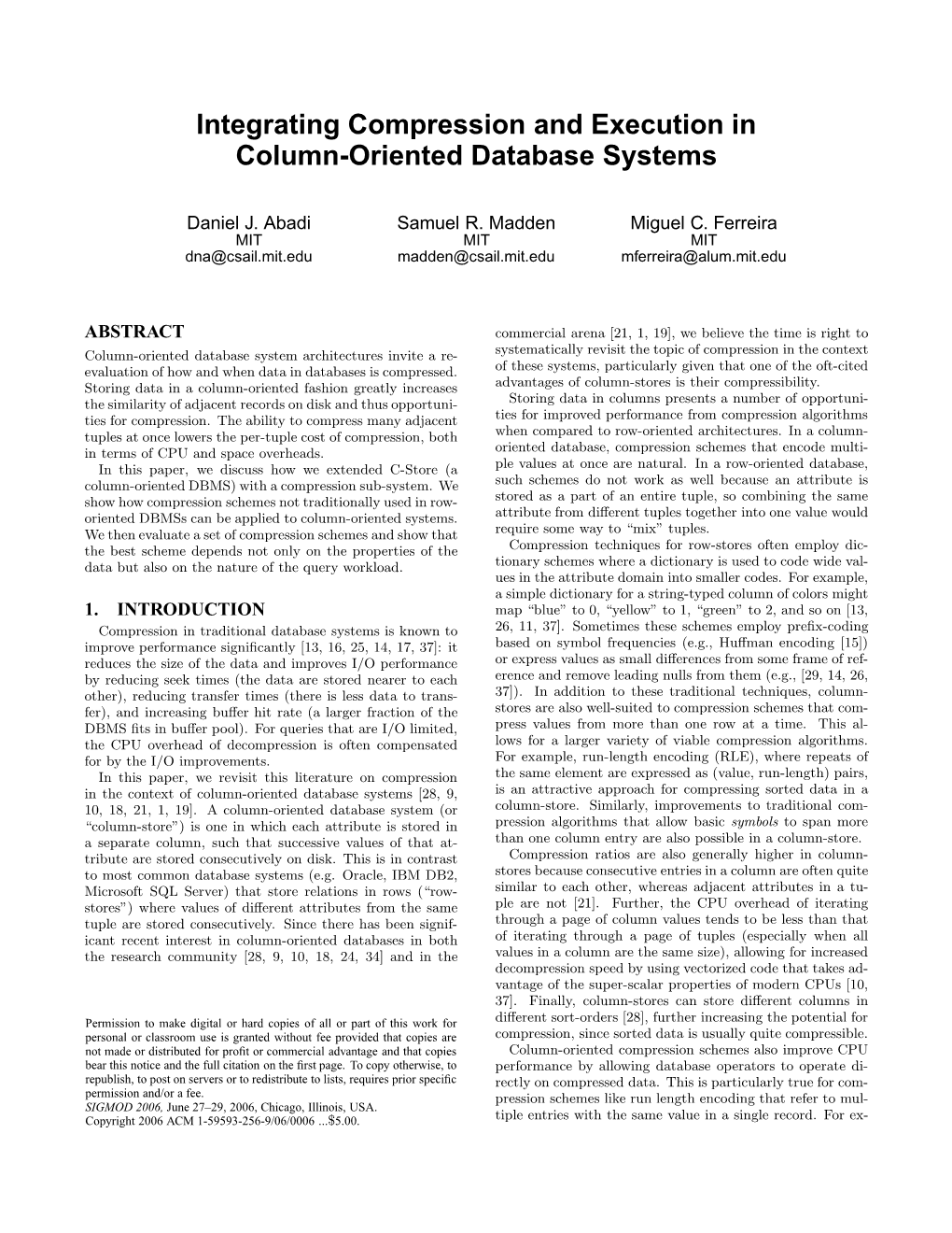 Integrating Compression and Execution in Column-Oriented Database Systems