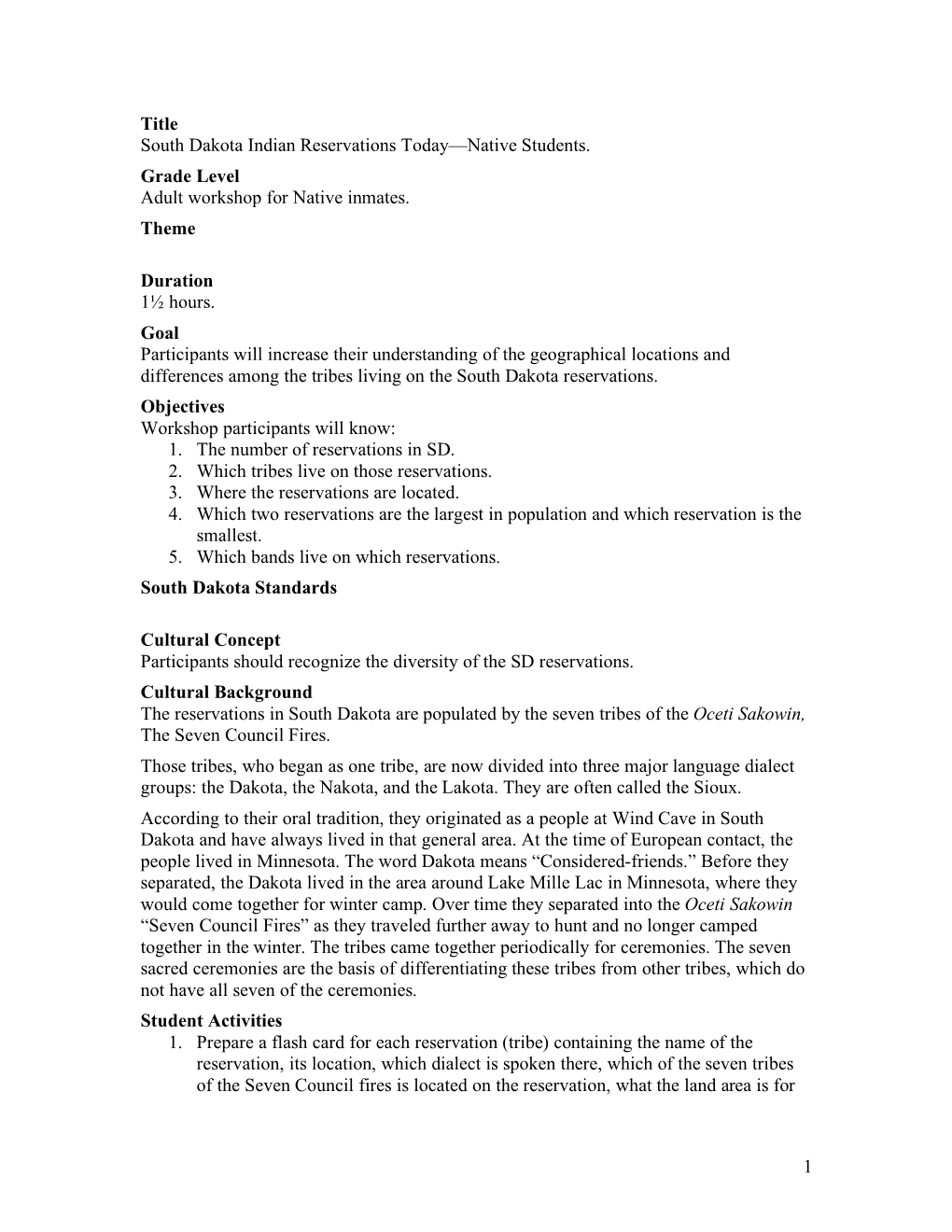 1 Title South Dakota Indian Reservations Today—Native Students. Grade Level Adult Workshop for Native Inmates. Theme Duration