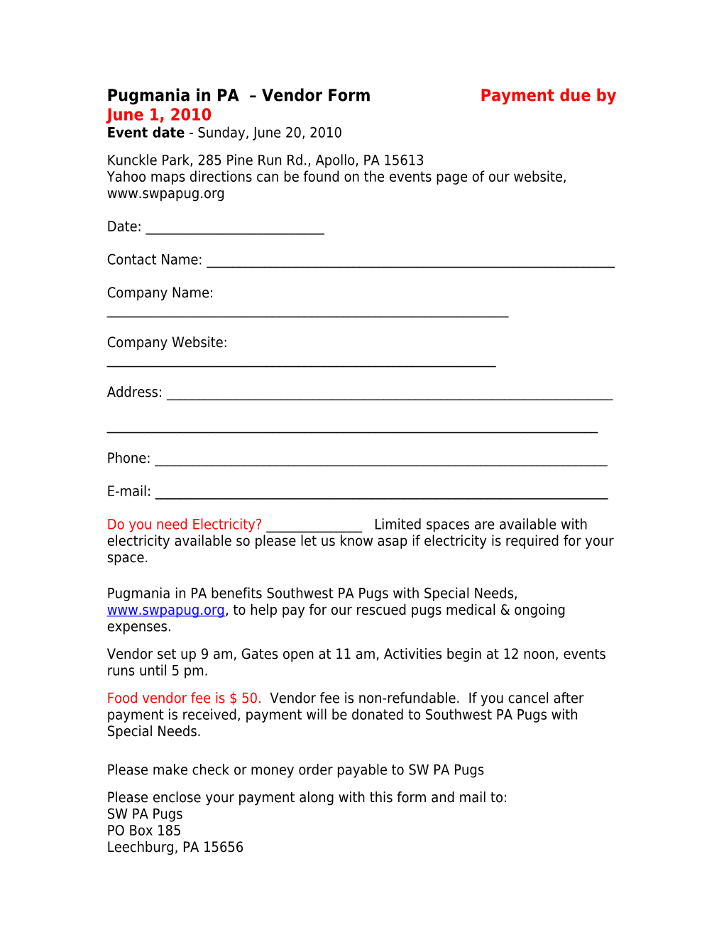 Pugmania in PA Vendor Form Payment Due by May 20, 2010