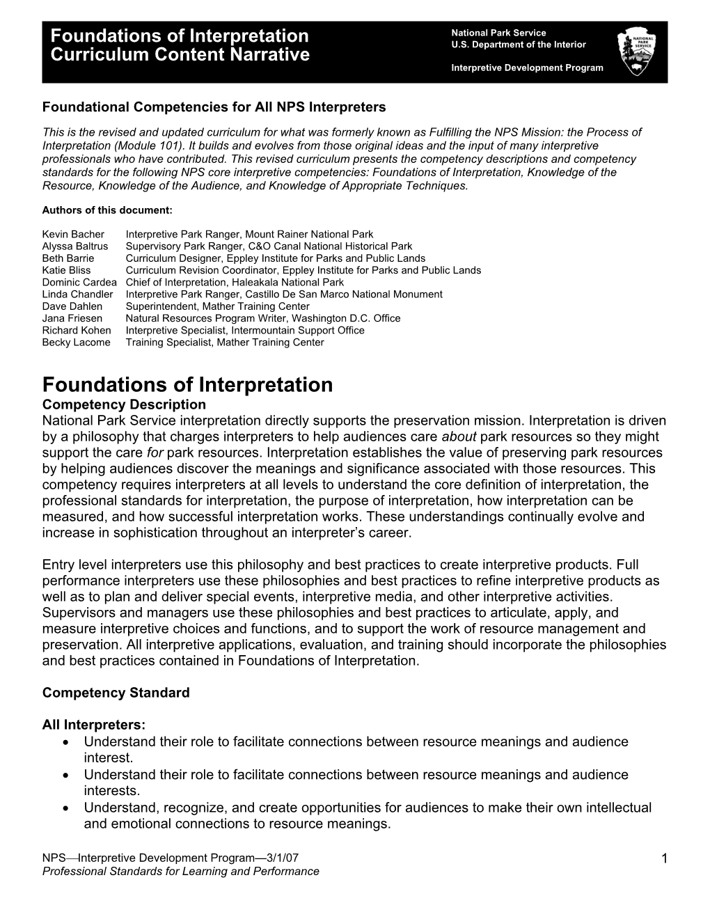 Foundations of Interpretation Curriculum Content Narrative