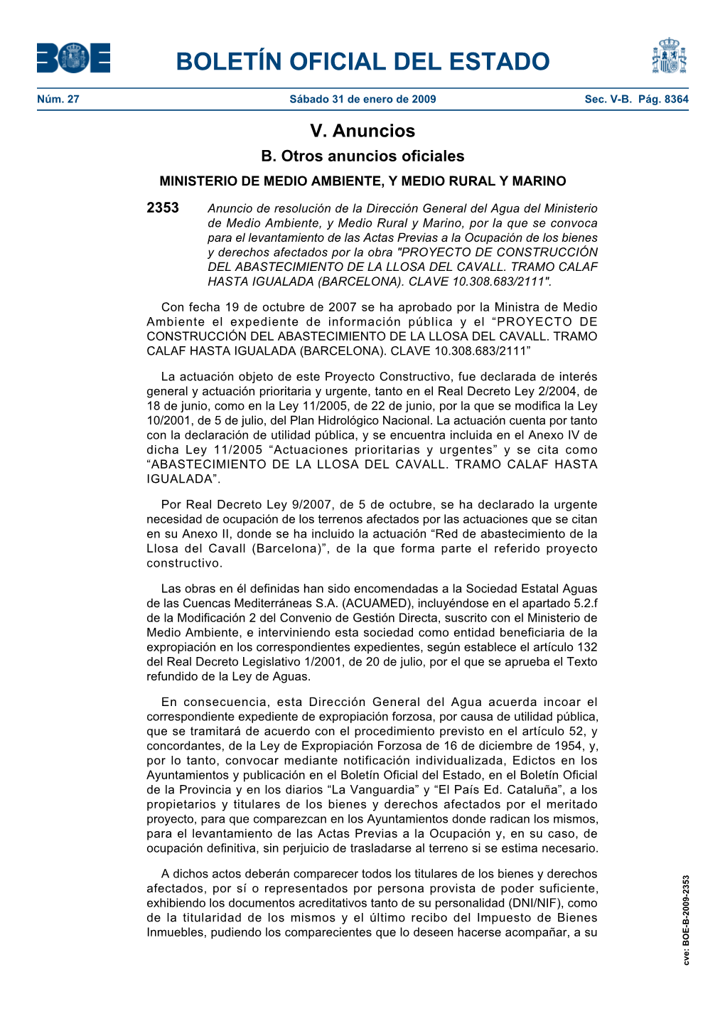 Anuncio Del BOE Núm 27 De Sábado 31 De Enero De 2009