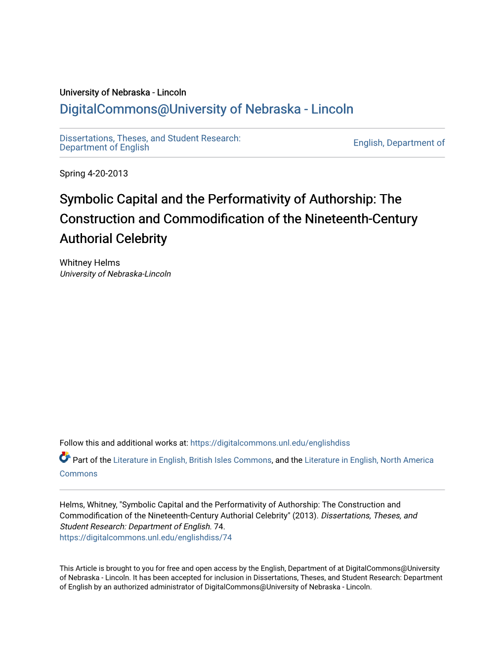 Symbolic Capital and the Performativity of Authorship: the Construction and Commodification of the Nineteenth-Century Authorial Celebrity