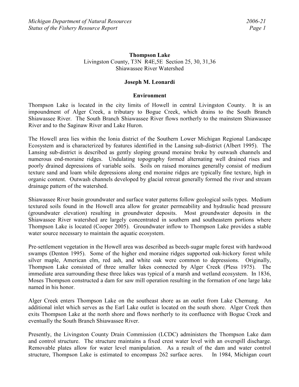 Thompson Lake Livingston County, T3N R4E,5E Section 25, 30, 31,36 Shiawassee River Watershed