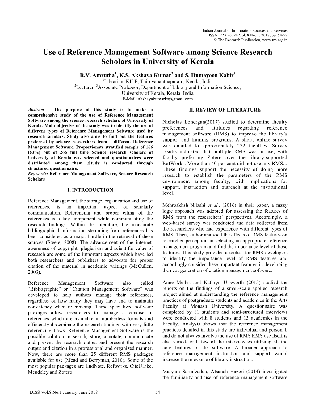 Use of Reference Management Software Among Science Research Scholars in University of Kerala