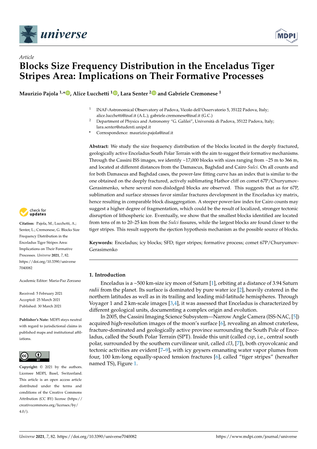 Blocks Size Frequency Distribution in the Enceladus Tiger Stripes Area: Implications on Their Formative Processes