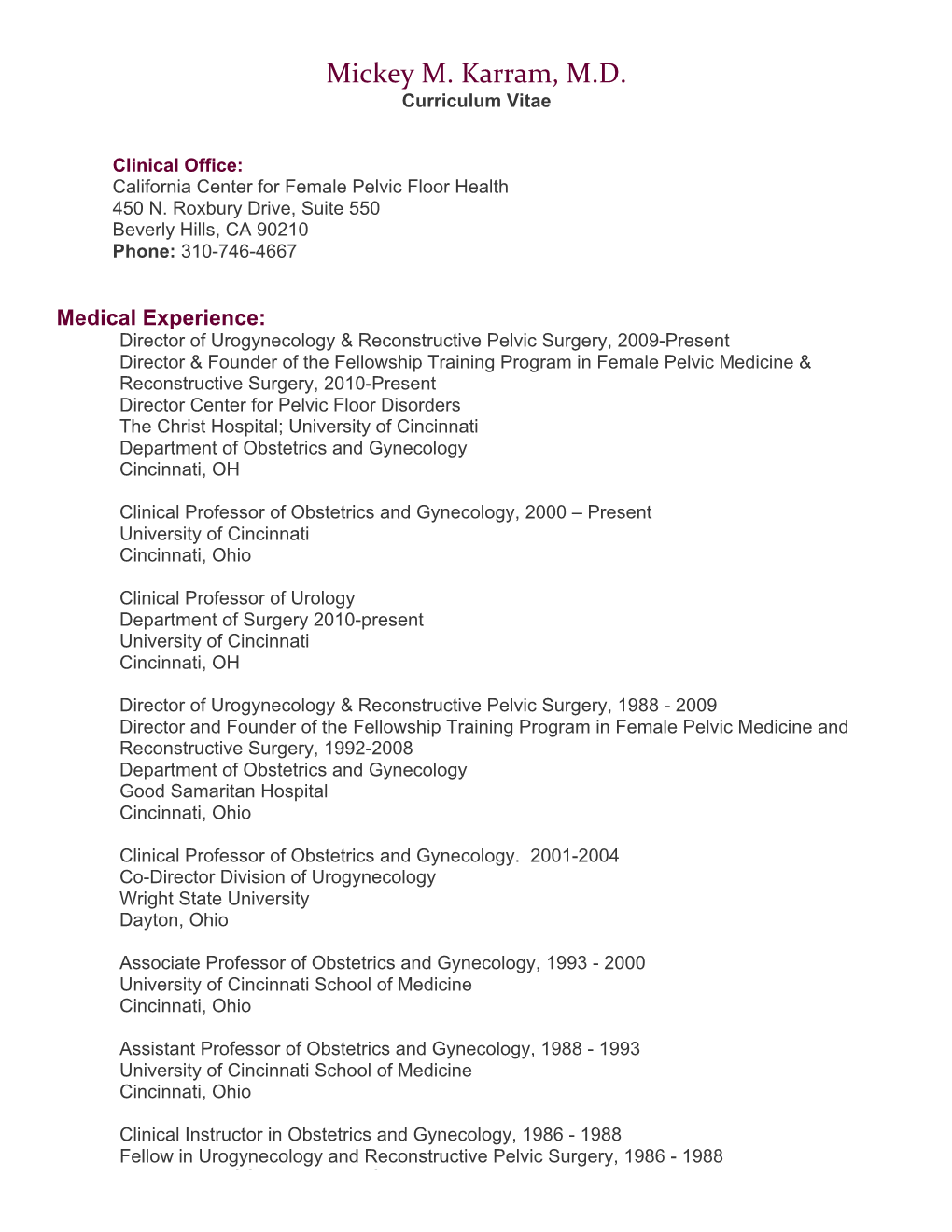 Mickey M. Karram, M.D. Curriculum Vitae