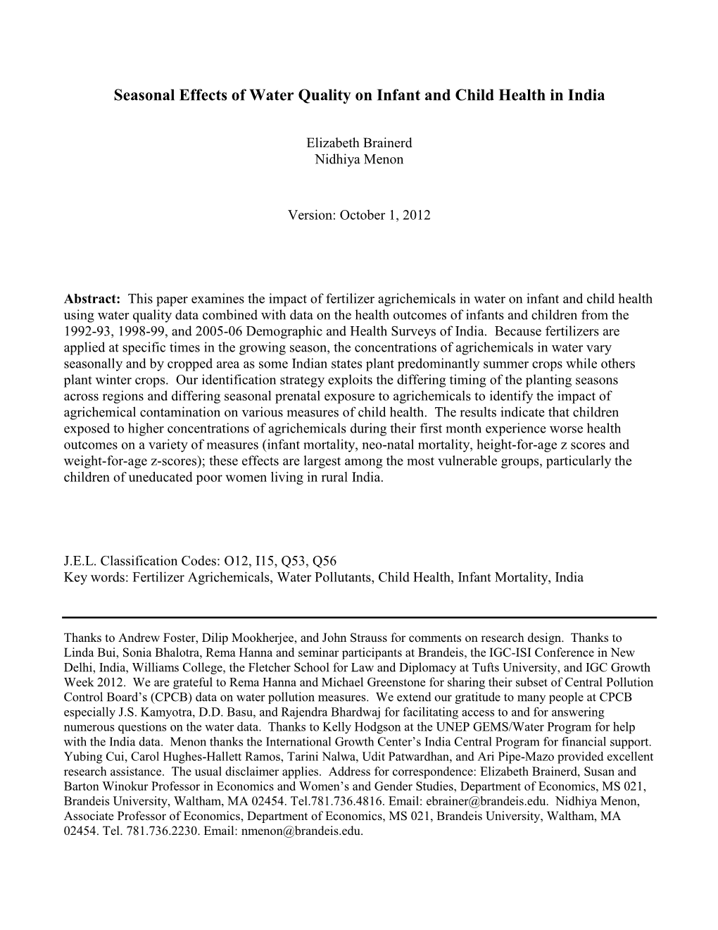 Seasonal Effects of Water Quality on Infant and Child Health in India