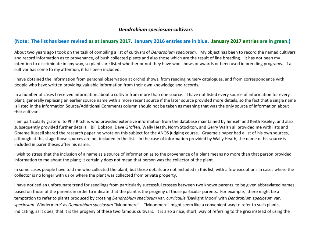 Dendrobium Speciosum Cultivars (Note: the List Has Been Revised As
