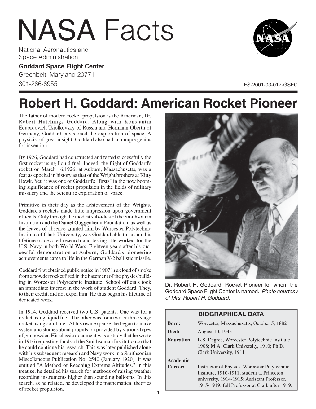 Robert H. Goddard – NASA Facts