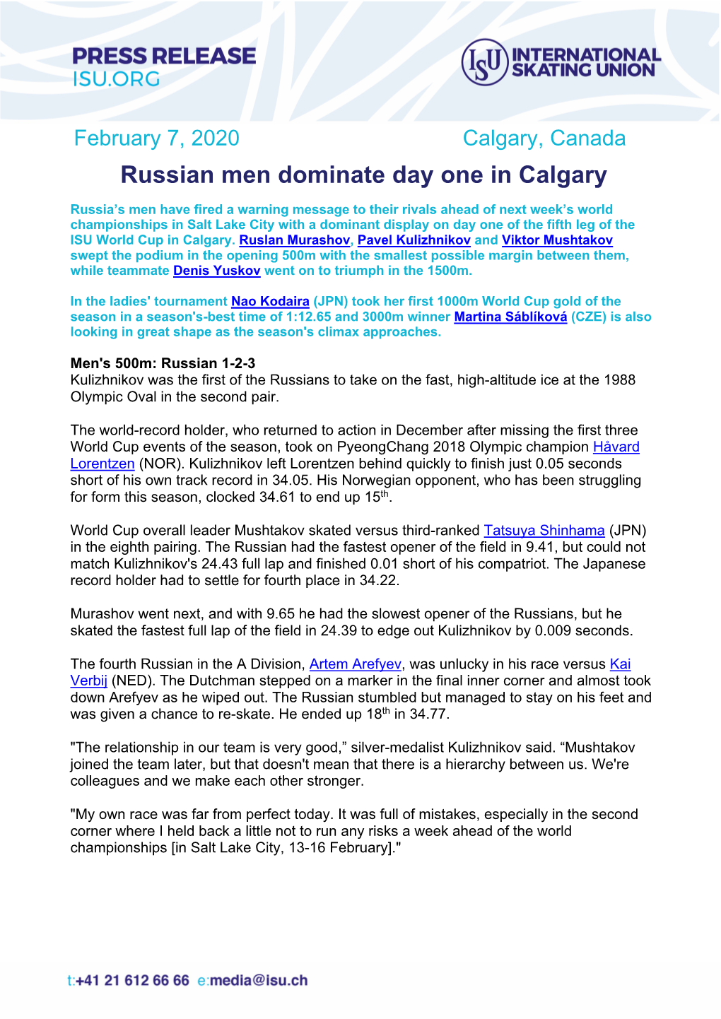 Russian Men Dominate Day One in Calgary