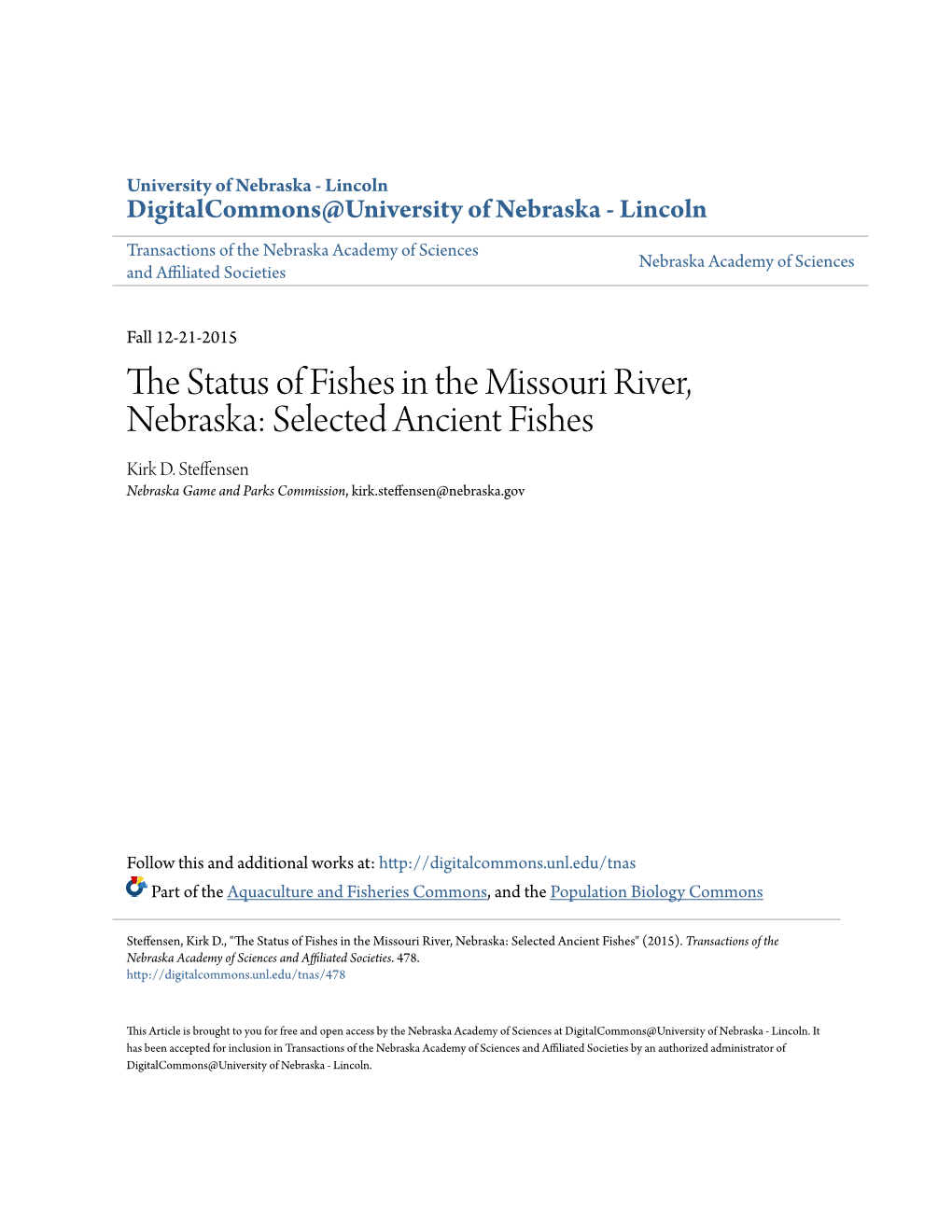 The Status of Fishes in the Missouri River, Nebraska: Selected Ancient Fishes