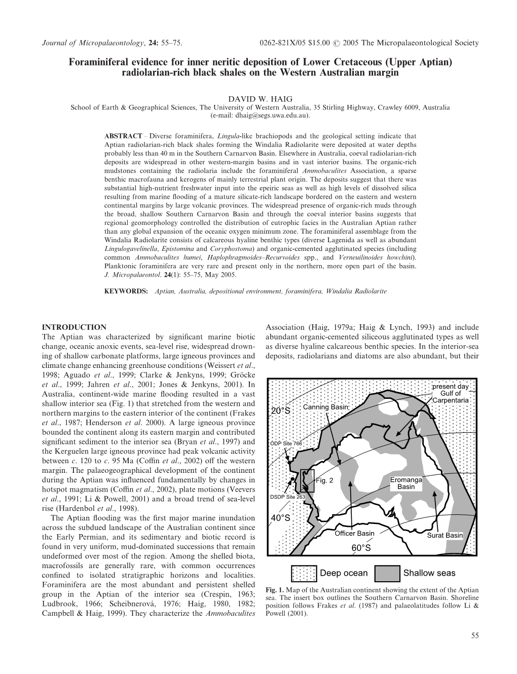 Foraminiferal Evidence for Inner Neritic Deposition of Lower Cretaceous (Upper Aptian) Radiolarian-Rich Black Shales on the Western Australian Margin