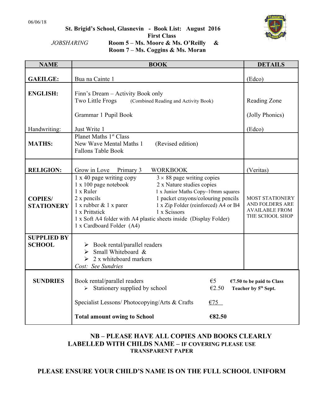 Book List for Sixth Class September 2000