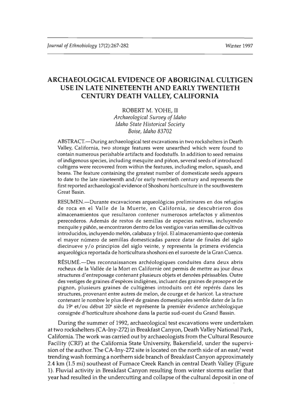 Archaeological Evidence of Aboriginal Cultigen Use in Late Nineteenth and Early Twentieth Century Death Valley, California