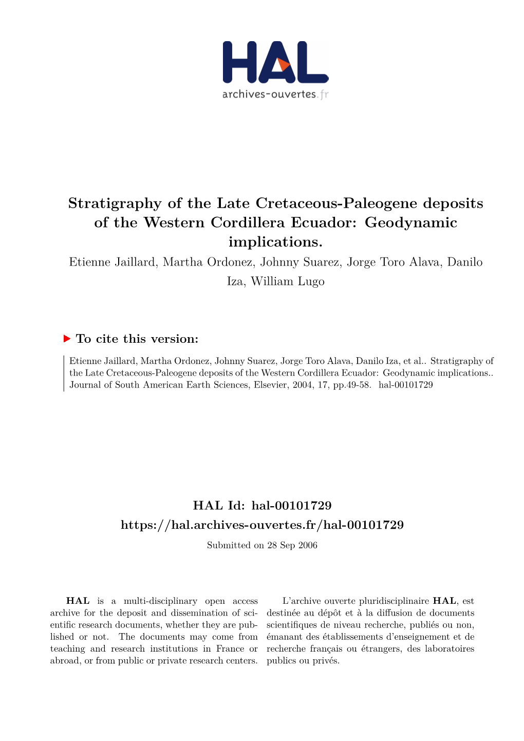 Stratigraphy of the Late Cretaceous-Paleogene Deposits of the Western Cordillera Ecuador: Geodynamic Implications