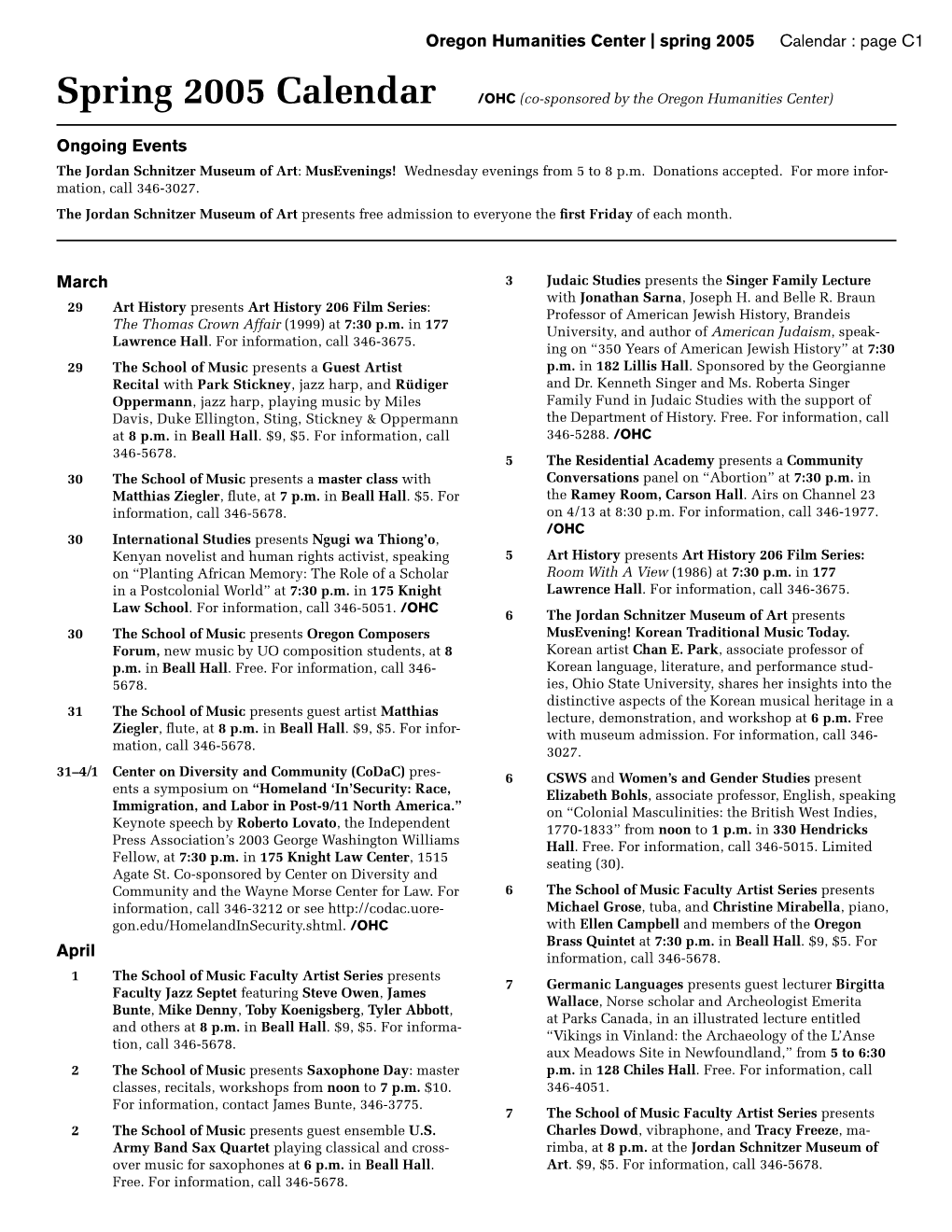 Oregon Humanities Center | Spring 2005 Calendar : Page C1