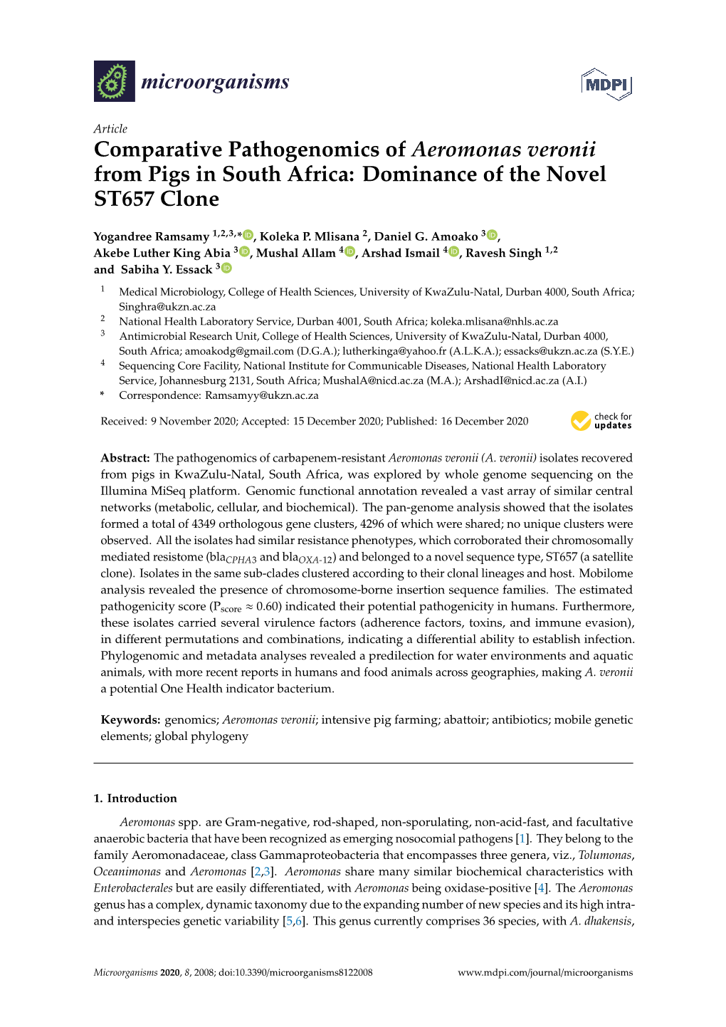 Comparative Pathogenomics of Aeromonas Veronii from Pigs in South Africa: Dominance of the Novel ST657 Clone