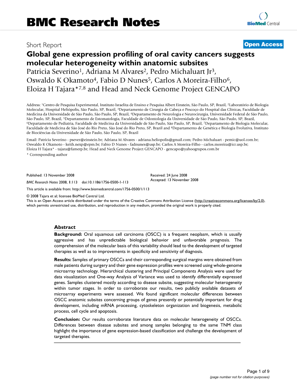 Global Gene Expression Profiling of Oral Cavity Cancers Suggests