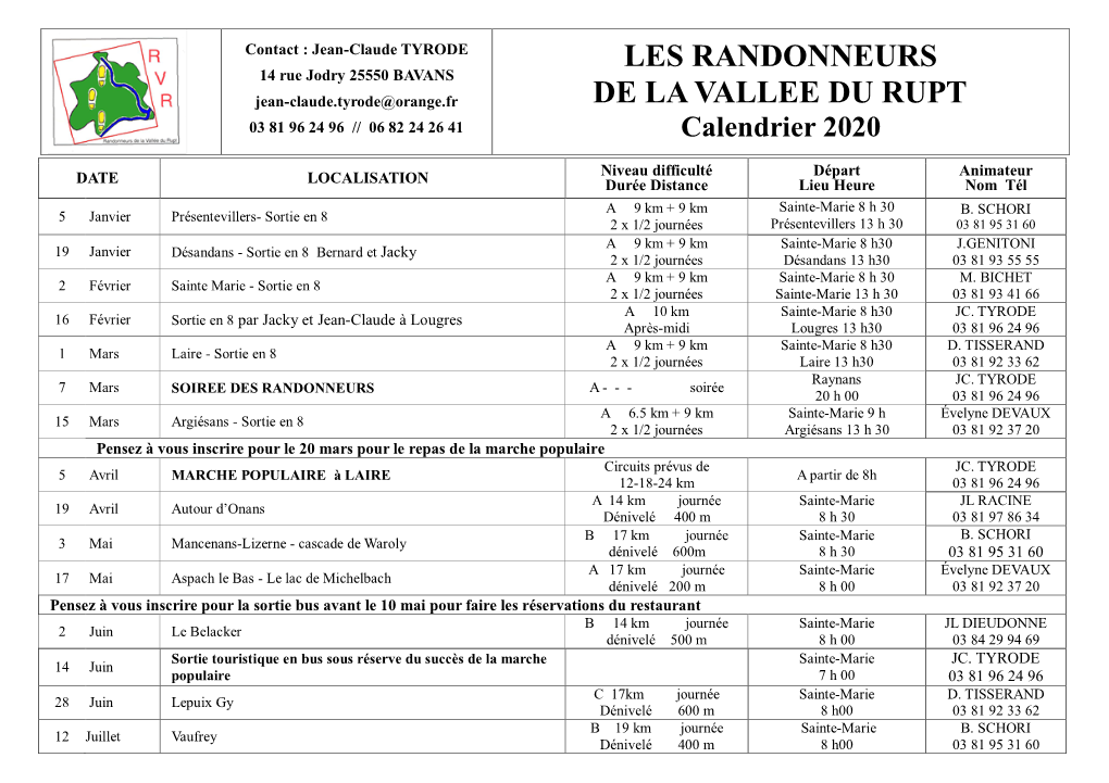 Calendrier 2020