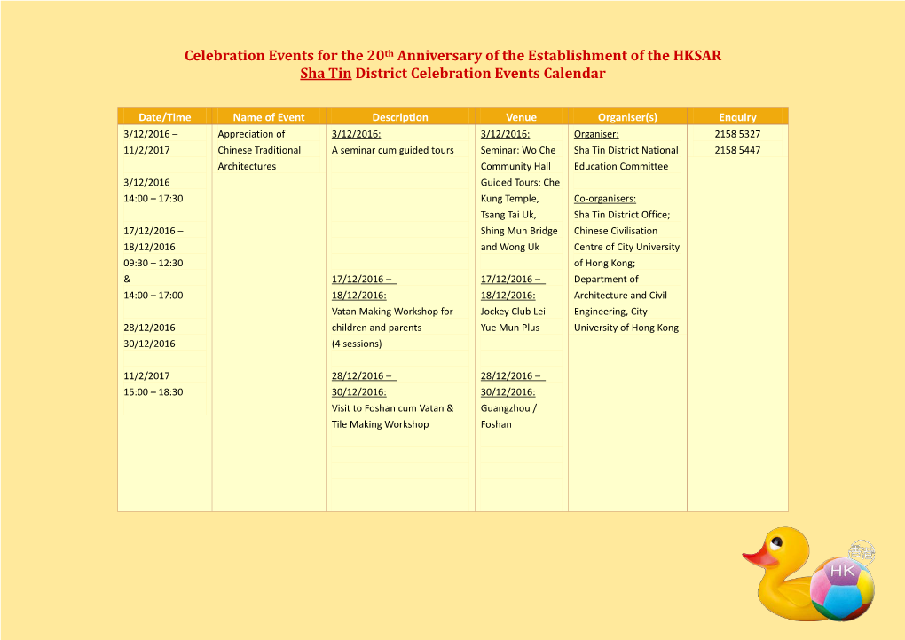 Sha Tin District Celebration Events Calendar