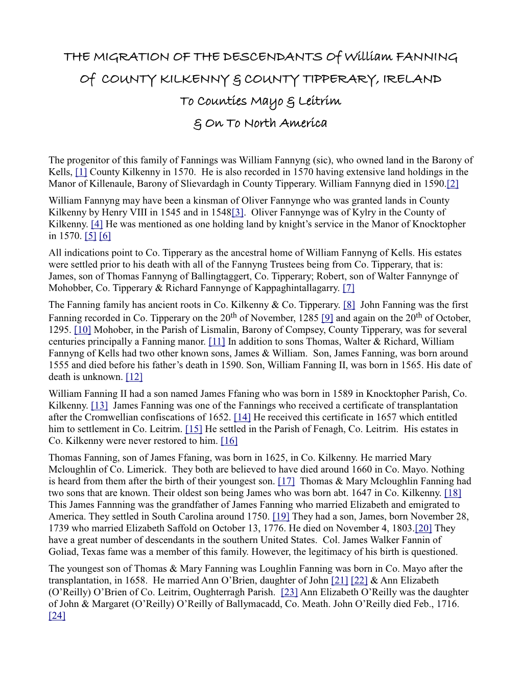 THE MIGRATION of the DESCENDANTS of William FANNING of COUNTY KILKENNY & COUNTY TIPPERARY, IRELAND to Counties Mayo & Leitrim & on to North America