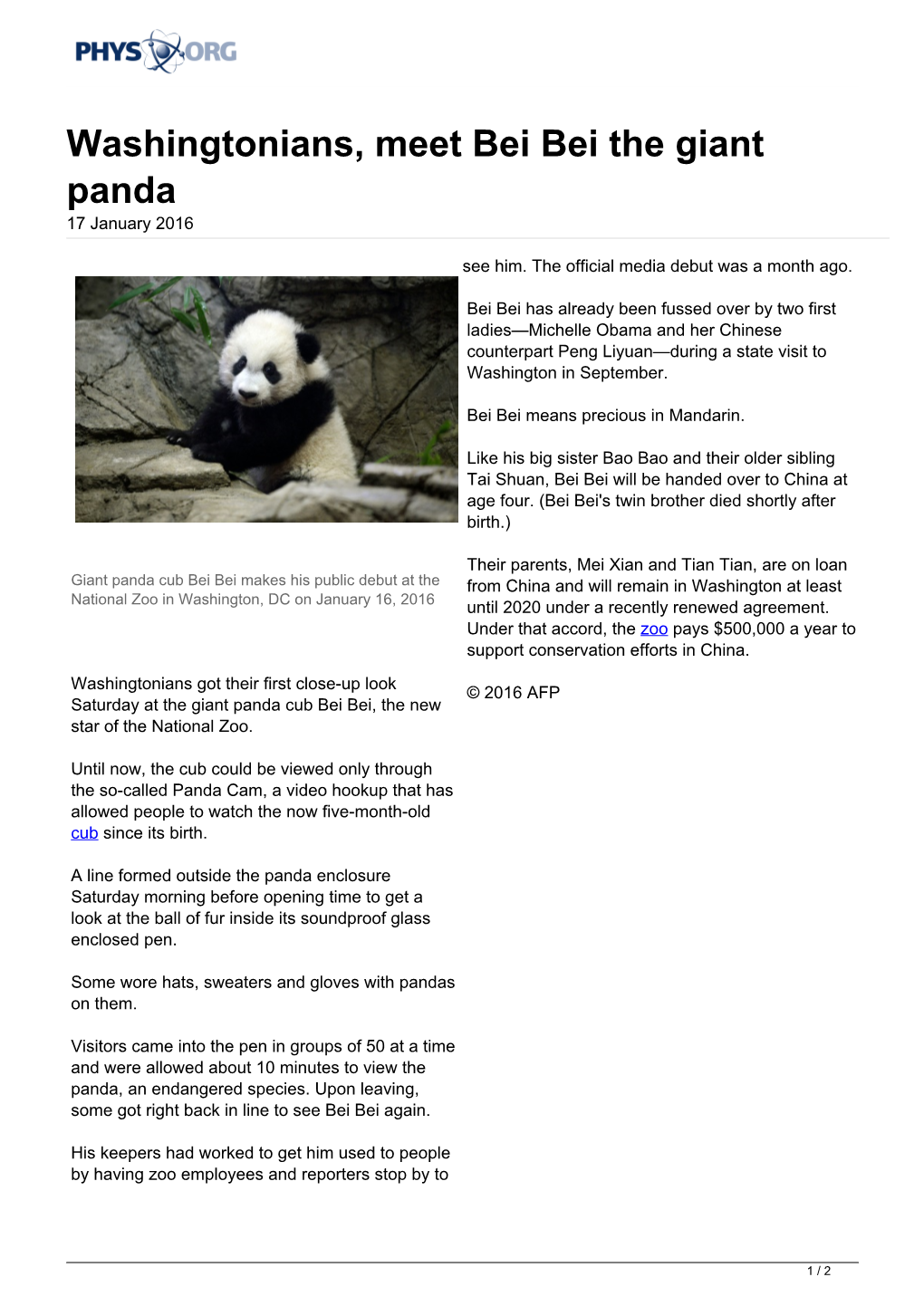 Washingtonians, Meet Bei Bei the Giant Panda 17 January 2016