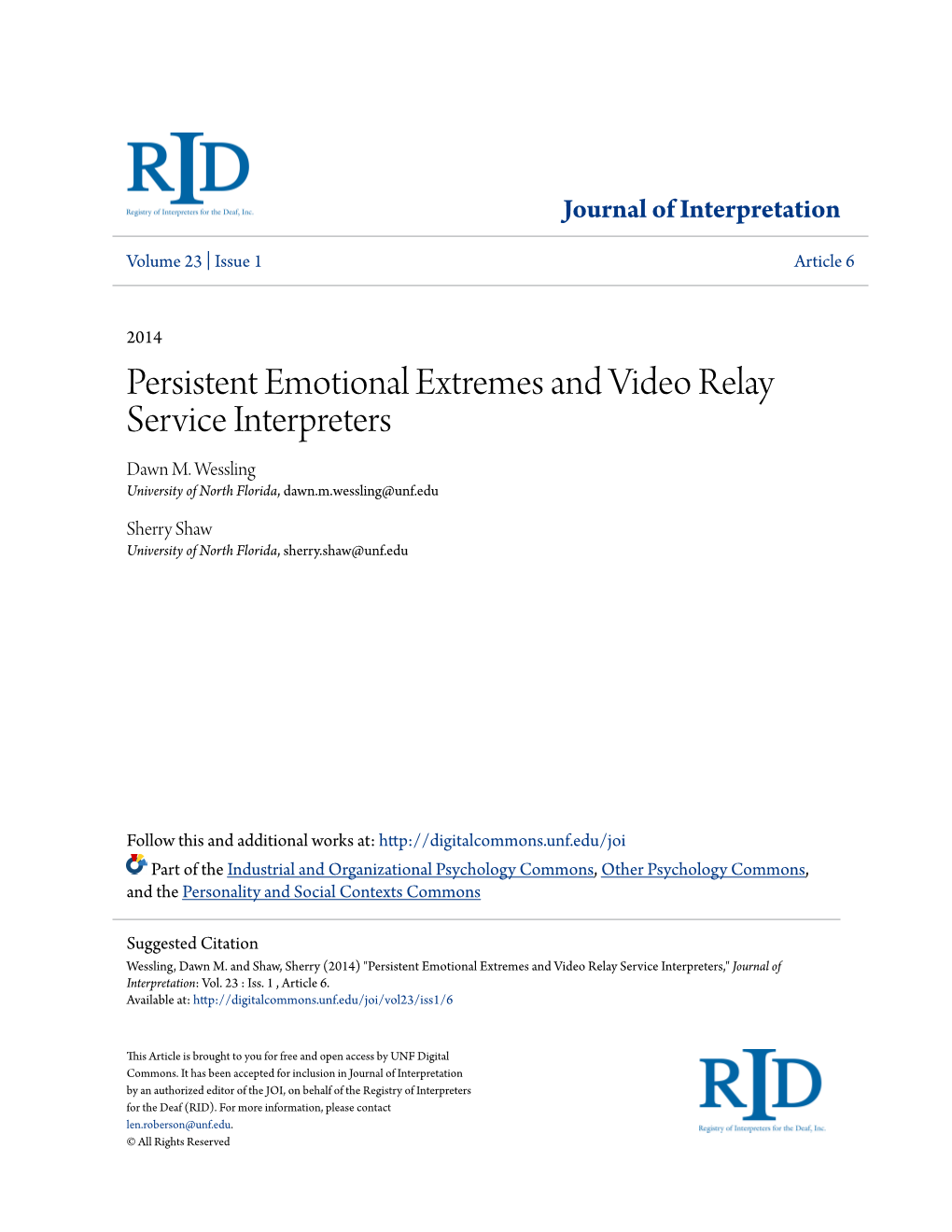 Persistent Emotional Extremes and Video Relay Service Interpreters Dawn M