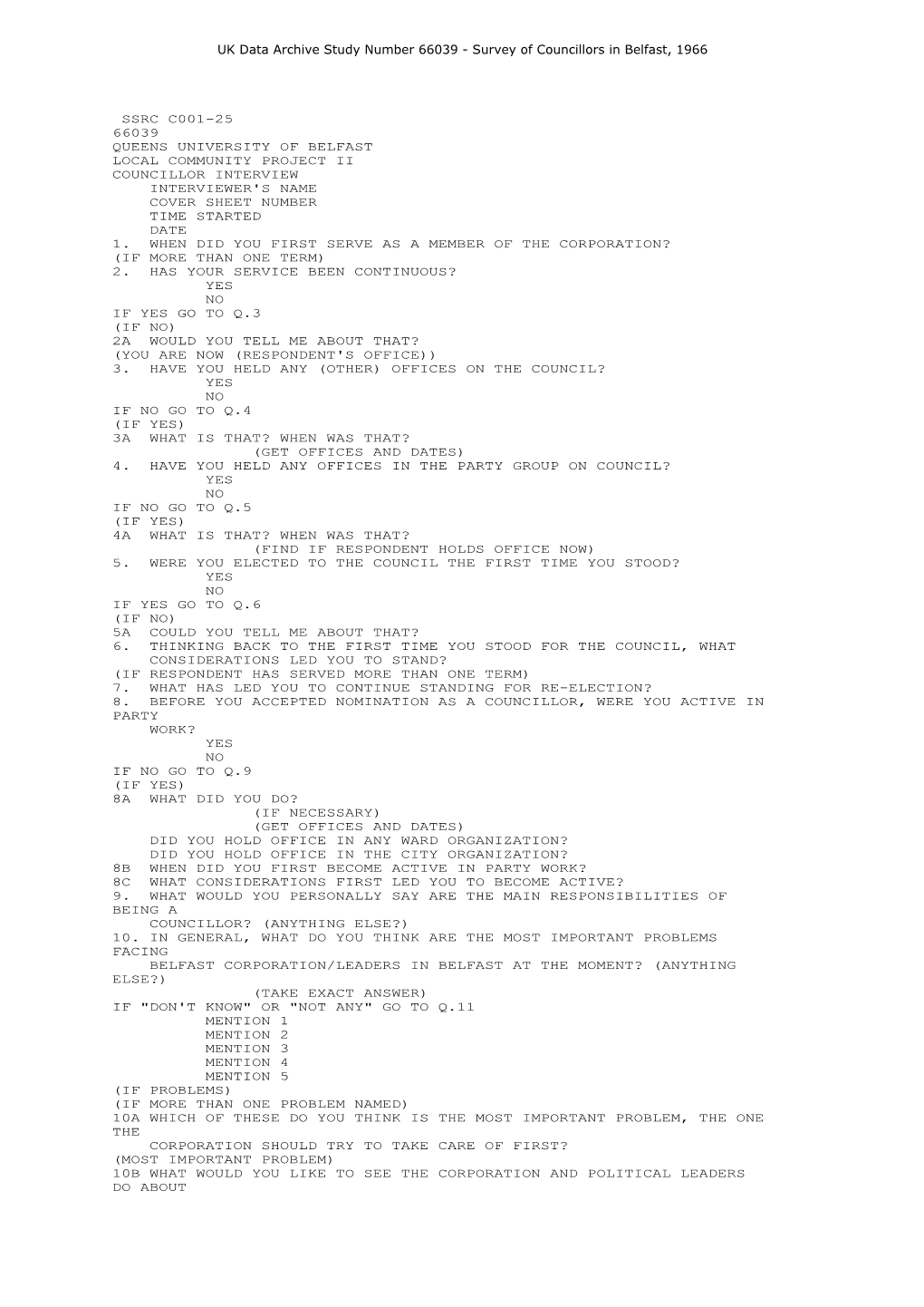 UK Data Archive Study Number 66039 - Survey of Councillors in Belfast, 1966