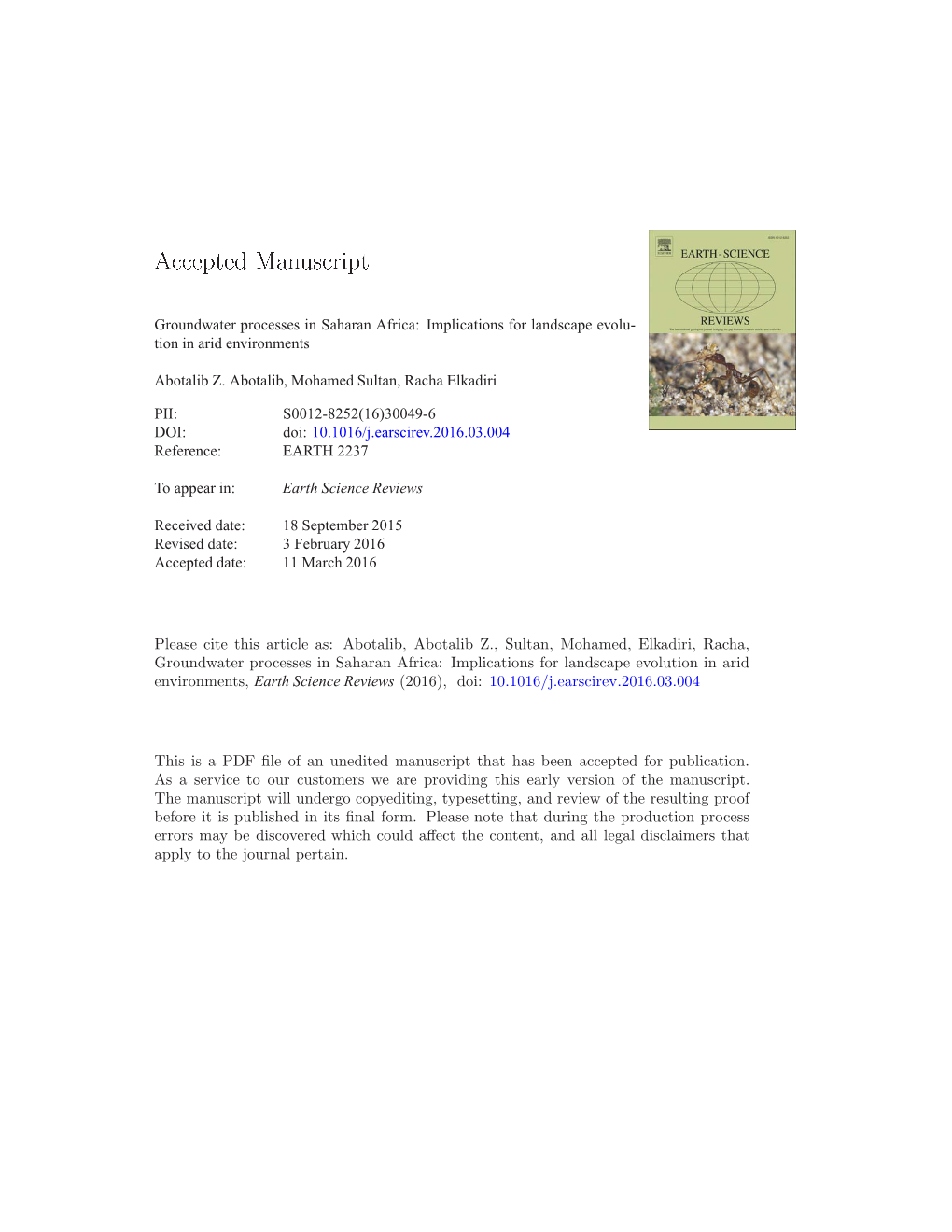 Groundwater Processes in Saharan Africa: Implications for Landscape Evolu- Tion in Arid Environments