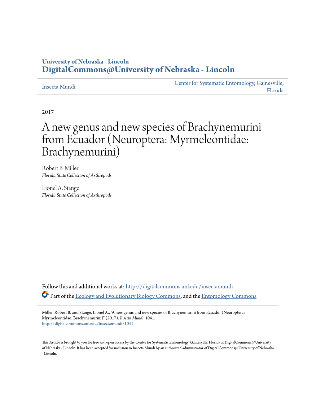 Neuroptera: Myrmeleontidae: Brachynemurini) Robert B