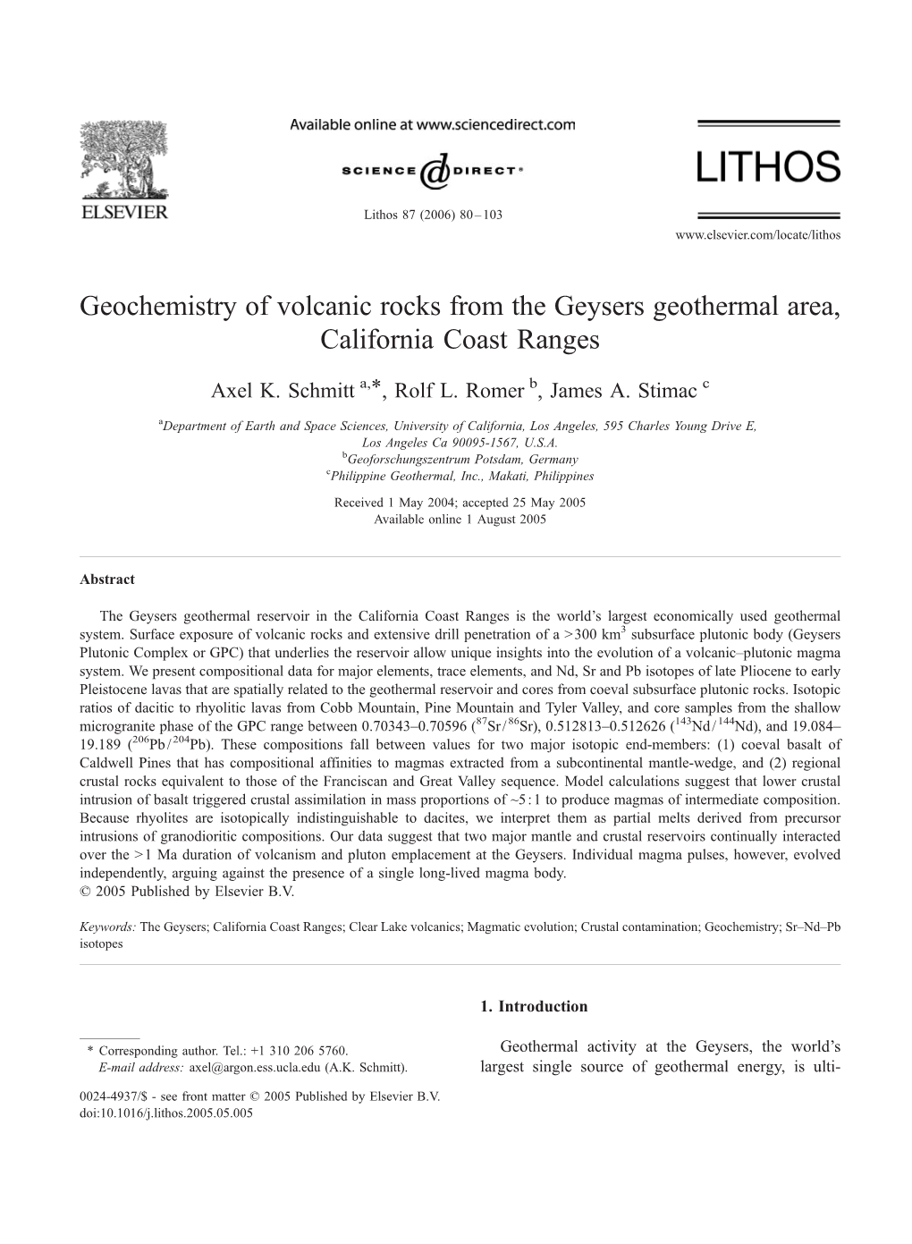 Geochemistry of Volcanic Rocks from the Geysers Geothermal Area, California Coast Ranges