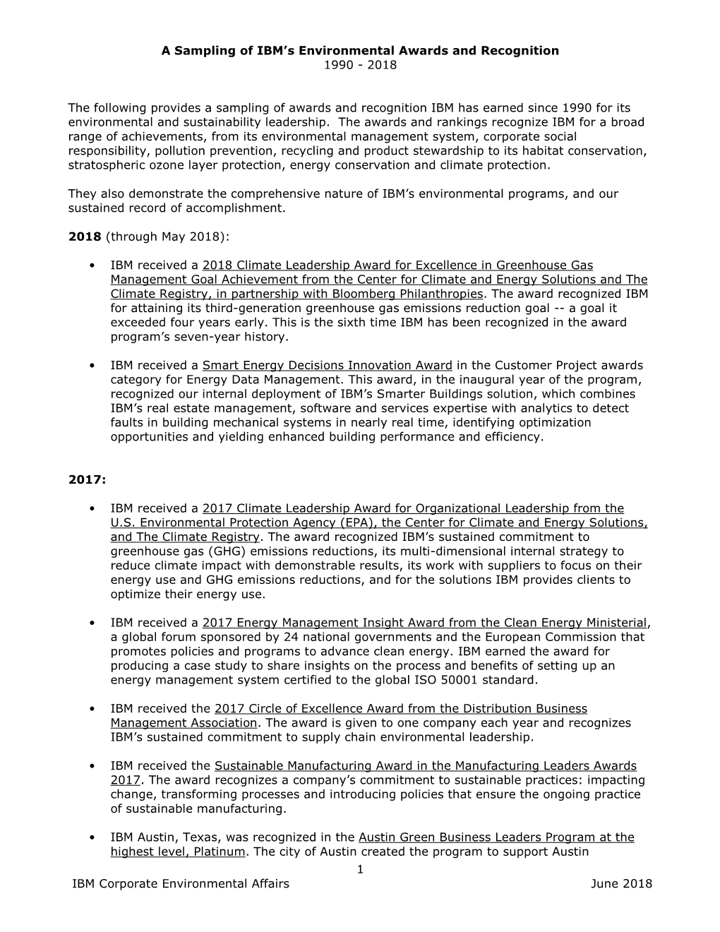 A Sampling of IBM's Environmental Awards and Recognition 1990