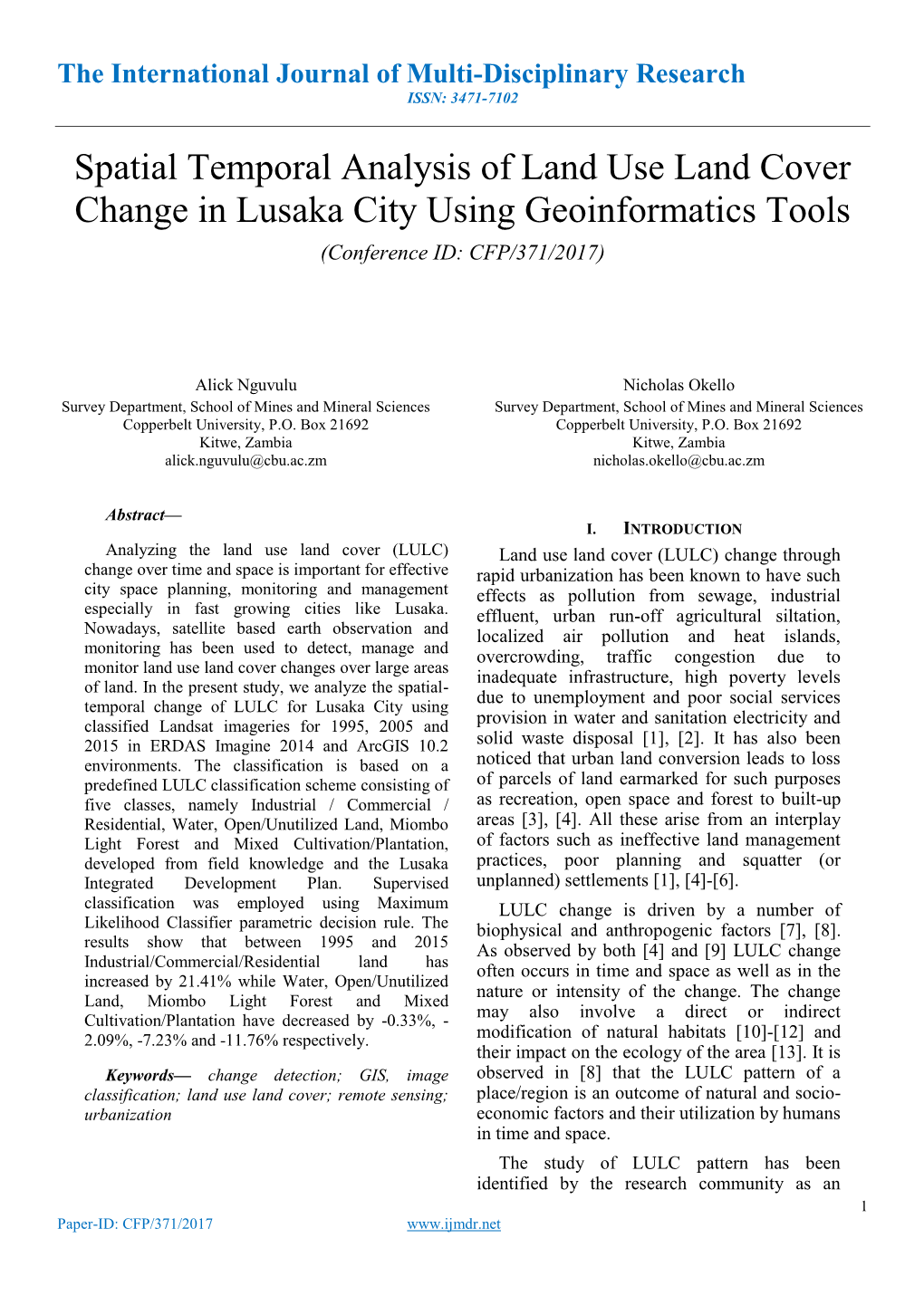 Spatio-Temporal Analysis of Land Use Land Cover Change in Lusaka City Using Geoinformatics Tools