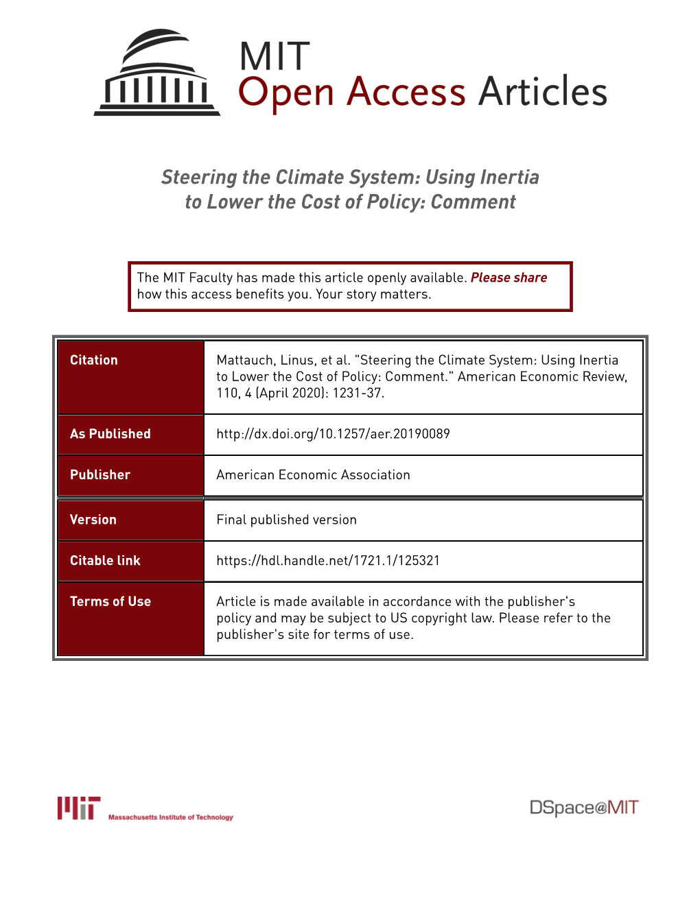 Steering the Climate System: Using Inertia to Lower the Cost of Policy: Comment