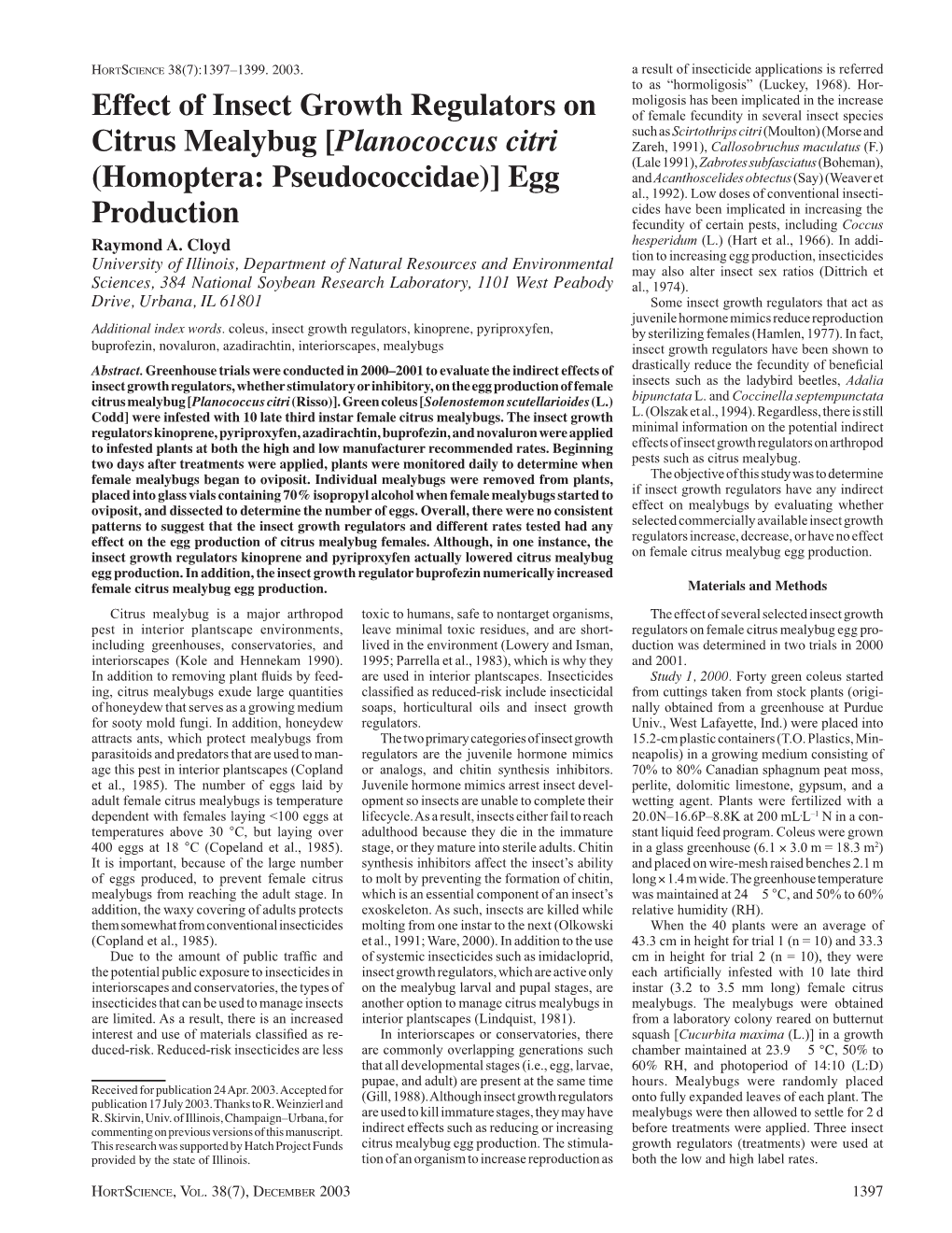 Effect of Insect Growth Regulators on Citrus Mealybug