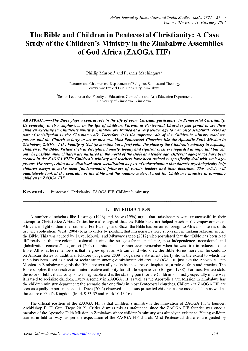 The Bible and Children in Pentecostal Christianity: a Case Study of the Children’S Ministry in the Zimbabwe Assemblies of God Africa (ZAOGA FIF)