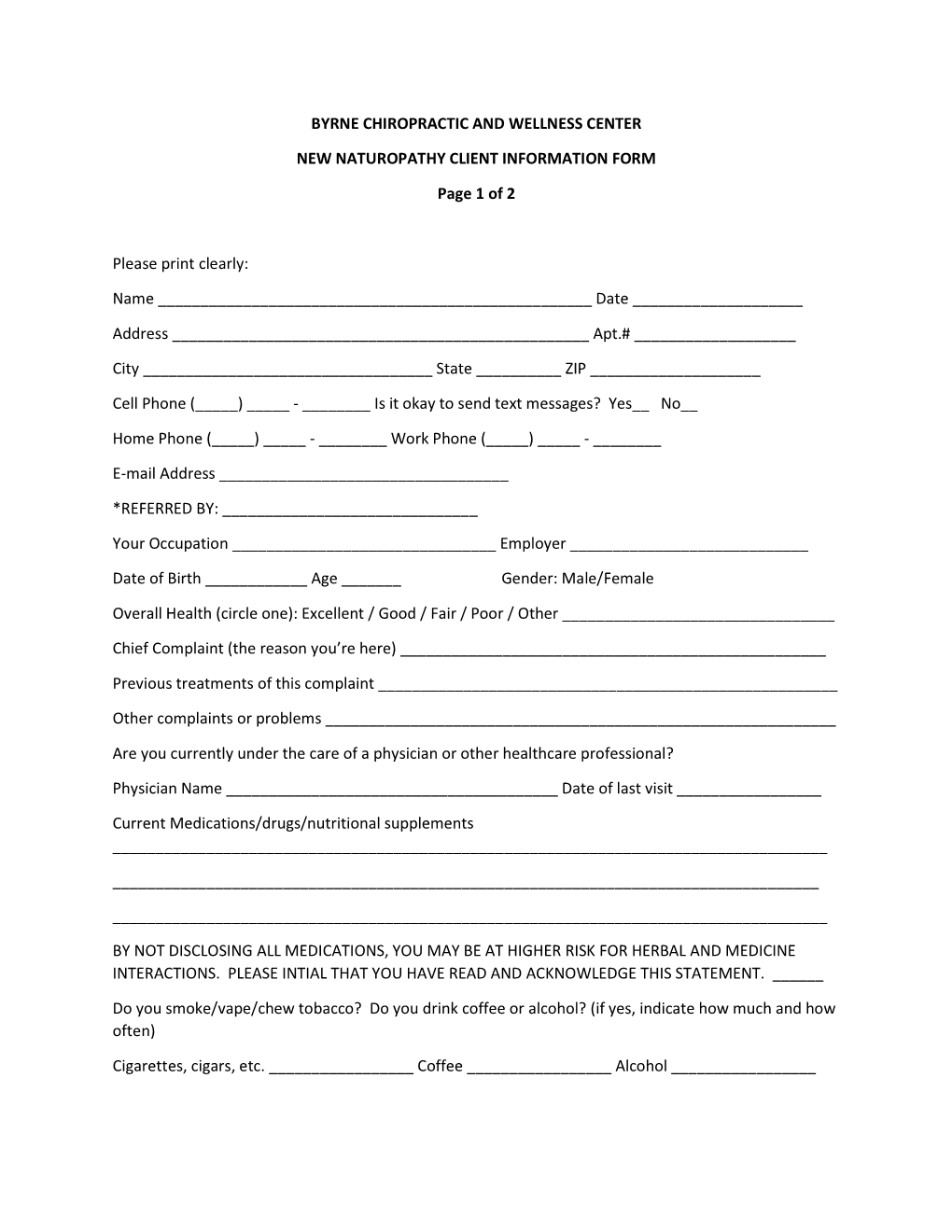 Naturopathy New Patient Intake Form