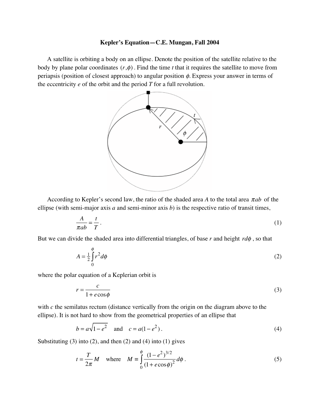 Kepler's Equation—C.E. Mungan, Fall 2004 a Satellite Is Orbiting a Body