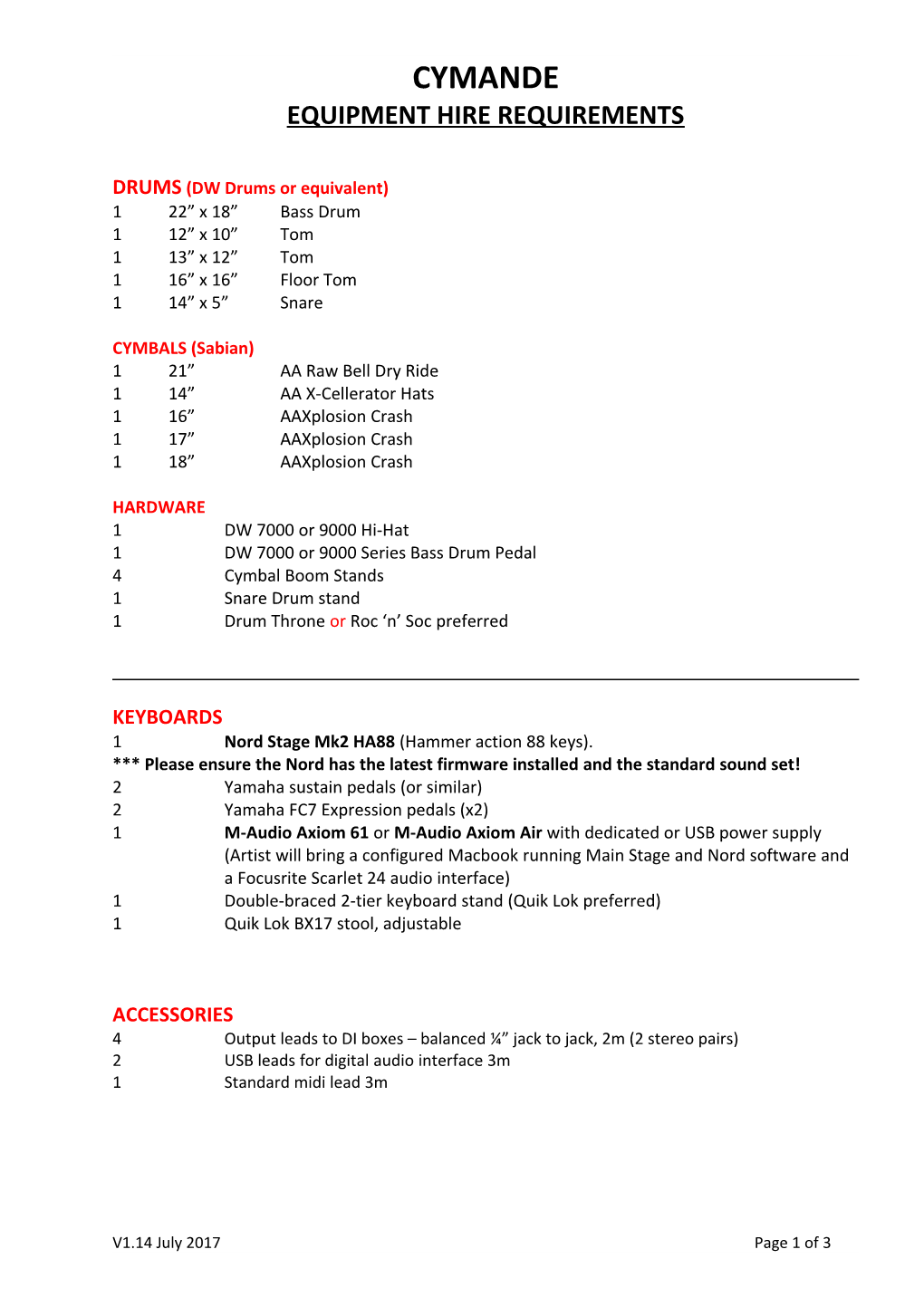 Cymande Equipment Requirements