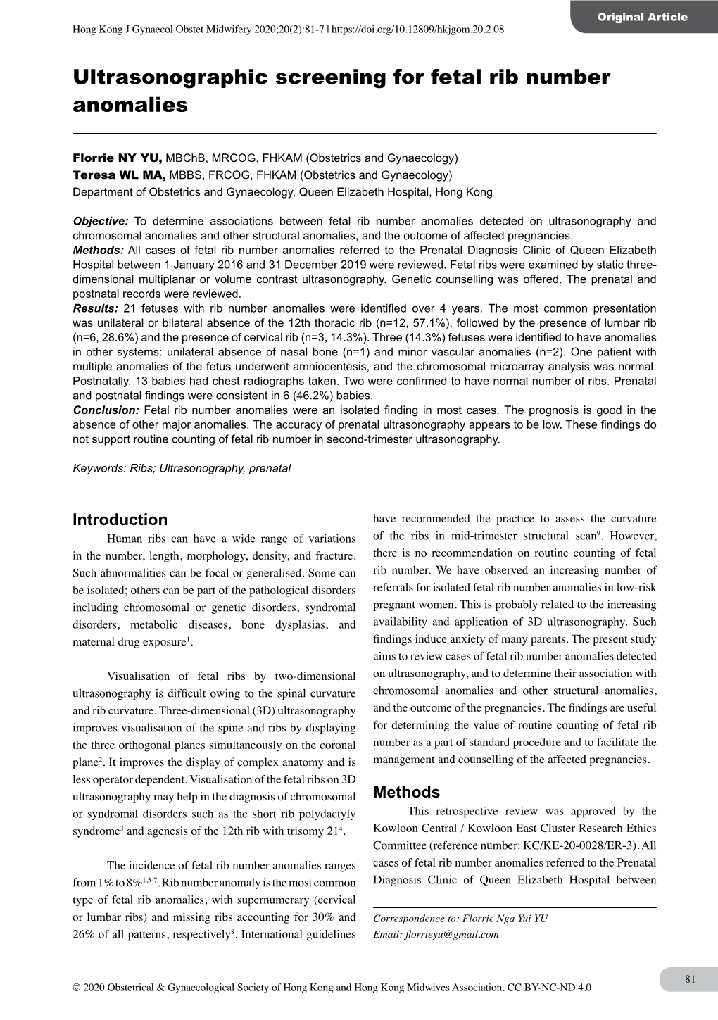 Ultrasonographic Screening for Fetal Rib Number Anomalies